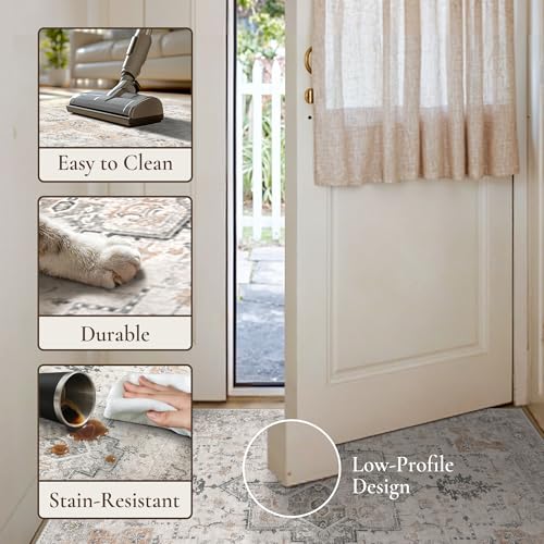 GENIMO 10x13 Area Rugs for Living Room, Non Slip Machine Washable Vintage Rugs, Low Pile Lightweight Chenille Print Large Rug for Bedroom, Dining Room, Home Office, Light Taupe Brown