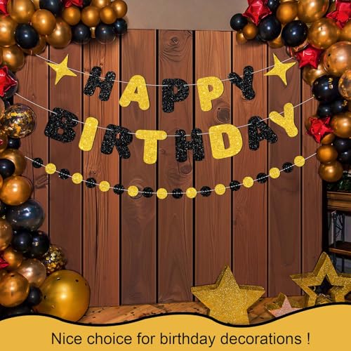 Image of Black and Gold Happy Birthday Banner-Happy Birthday Decorations for Men Women Boys Girls Glitter Garland Birthday Sign for 30st 40st 50th 60st Party Decor, Backdrop Supplies
