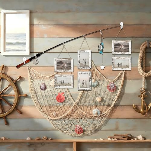 Wood Fishing Pole Picture Frame with Fishing Net Decor, 17”Real Fishings Rod Design with Six 6” x 4” Frames, 78" x 39" Nature Fish Net &Farmhouse Pictures Frame Fish Gifts for Cabin Lake House Decor
