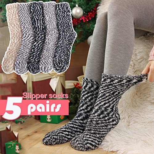 Fuzzy Socks For Women Fluffy Slipper Non Slip Grips Warm Cozy Thick Winter Comfy Hospital Anti Skid Stocking Stuffer For Women Gift Socks 5 Pairs((Assorted A, (5 Pairs)) #TOP2