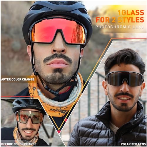 SCVCN Photochromic Cycling Glasses Polarized Men Women Mountain Bike Eyewear MTB Glasses Road Bicycle Riding Clear Sports Sunglasses Running Fishing Golf BMX Red — view 2