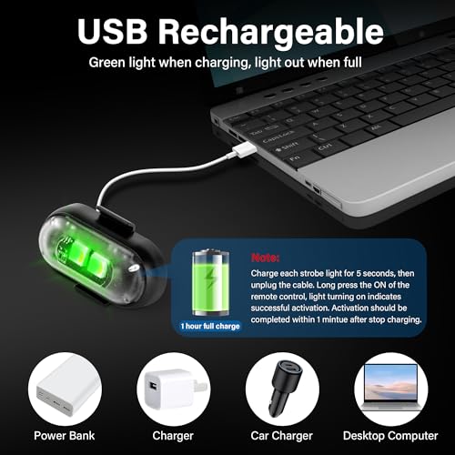 Wireless LED Lights for Car 4PCS with Remote Control, Wireless LED Strobe Lights 8 Colors USB Charge IP65 Waterproof Anti-Collision for Car Motorcycle Drone RC Aircraft Bike, Black - Thumbnail 3