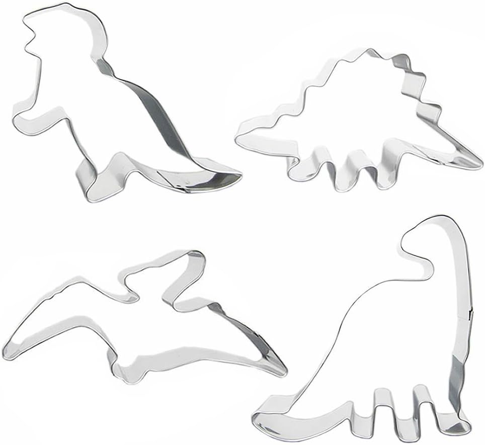 4pcs Dinosaur Cookie Cutter Set, Stainless Steel Dinosaurs Shape Baking Molds, T-Rex, Brontosaurus, Pterodactyl, Stegosaurus Shapes