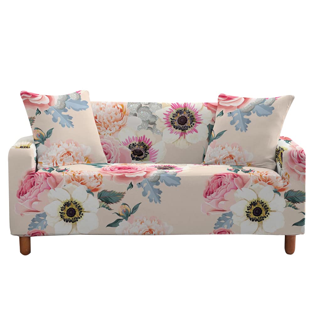 Highdi Flower Sofa Cover 1/2/3/4 Seater, Sofa Slipcover Stretch Washable Furniture Protector Printed Non Slip Sofa Covers for Loveseat Couch Sofa (2 Seater,Peony)