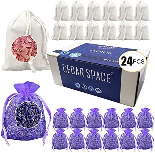 Cedar Space Cedar Blocks for Clothes Storage Set of 24, Cedar Sachets 12-Pcs Lavender Sachets 12-Pcs, 100% Aromatic Red Cedar Accessories for Wardrobes Closets and Drawers