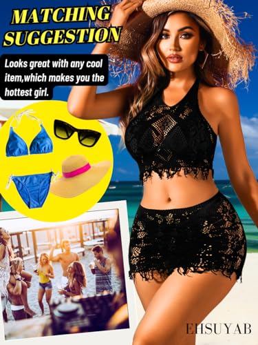 Swimsuit Coverup for Women 2 Piece Set, Fishnet Halter Top Tassel Skirt, Vacation Rave Outfits Sexy Beach Cover Up4