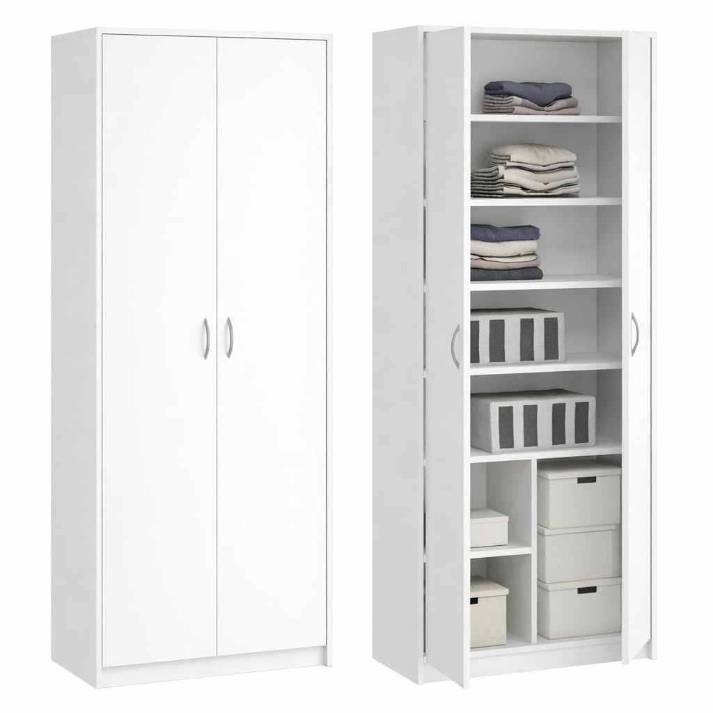 Armario Multiusos con 2 Puertas y 8 Compartimentos, 180 x 74 x 35 cm, Blanco