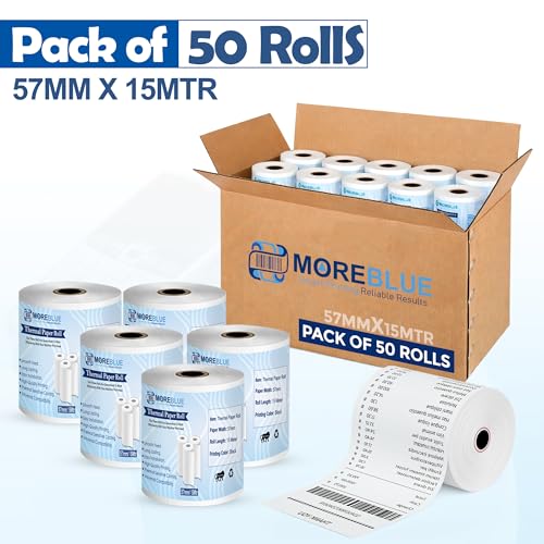 Image of MOREBLUE Credit Card, Food Bills Direct Thermal Receipt Paper Roll, Pack of 50 57mm(2 inch) x 15 Meter, Ink Free Print for POS, Credit Card Machines, & Petrol Pumps