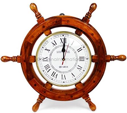Nagina International 18" Solid Wood Brass Ship Wheel Wall Clock Porthole Nautical Decor Shipwheel 18" Ship Wheel Clock: Boat DecorationWooden Nautical Shipwheel with Clock - Maritime Pirate Decor