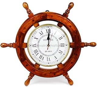 Nagina International 18" Solid Wood Brass Ship Wheel Wall Clock Porthole Nautical Decor Shipwheel 18" Ship Wheel Clock: Boat DecorationWooden Nautical Shipwheel with Clock - Maritime Pirate Decor