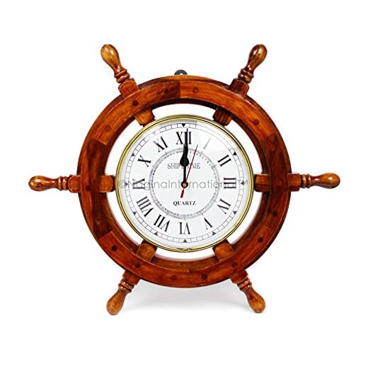 Nagina International 18" Solid Wood Brass Ship Wheel Wall Clock Porthole Nautical Decor Shipwheel 18" Ship Wheel Clock: Boat DecorationWooden Nautical Shipwheel with Clock -