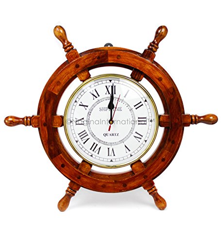 Nagina International 18" Solid Wood Brass Ship Wheel Wall Clock Porthole Nautical Decor Shipwheel 18" Ship Wheel Clock: Boat DecorationWooden Nautical Shipwheel with Clock - by Nagina International - Used condition - US$29.55