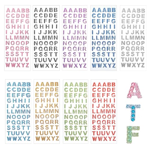 Matwsec 495PCS Rhinestone Letter Stickers Glitter Letter Stickers Alphabet Sticker 9 Sheets A to Z for Art Crafts DIY Scrapbooking