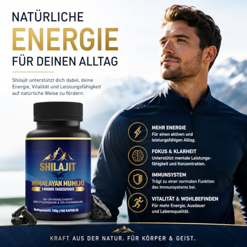 Shilajit Mumijo Kapseln – Himalaya Shilajit Extrakt – 180 vegane Kapseln – mit Fulvinsäure, Huminsäure, Mineralien & Spurenelementen