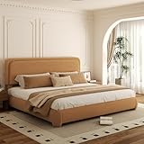 Konprosp King Bed Frame, Teddy Velvet Boucle Bed Frame with 43.3'/45.3' Adjustable Upholstered Headboard, Rounded Corners, Mattress Foundation, No Box Spring Required, Brown