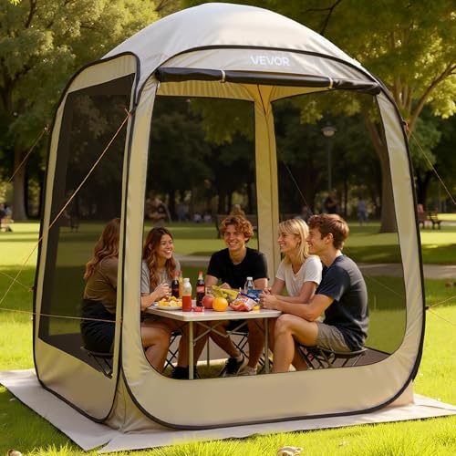 VEVOR 6 x 6 ft Pop up Screen House Tent, 4-6 Person Portable Screen Gazebo, with Carry Bag, Netting Sides & Ground Stakes, Quick Setup, Screened Canopy for Garden, Patio & Backyard, and Outdoor, Beige