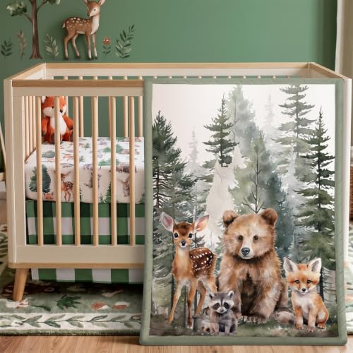Image of Hahafelt 3 Pcs Woodland Animal Baby Crib Bedding Set for Boy | Includes Quilt, Fitted Sheet, Skirt, Soft Green Forest Bear Deer Nursery Bedding for Standard Infant Toddler Bed