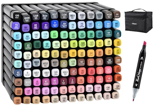 Nexpho Set de 120 Rotuladores Alcohol, Rotuladores Doble Punta con Punta Pincel y Bisel, Tinta de Secado Rápido, Rotuladores Permanentes para Adultos Colorear Dibujar Bocetear Pintar