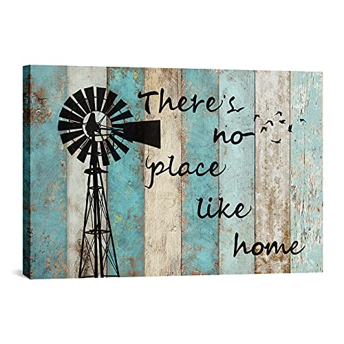 Fushvre Windmill Canvas Wall Art There Is No Place Like Home Sign Pictures Rusitc Teal Painting For Home Decor Large Countryside Giclee Artwork Ready To Hang 24"X36" #TOP17