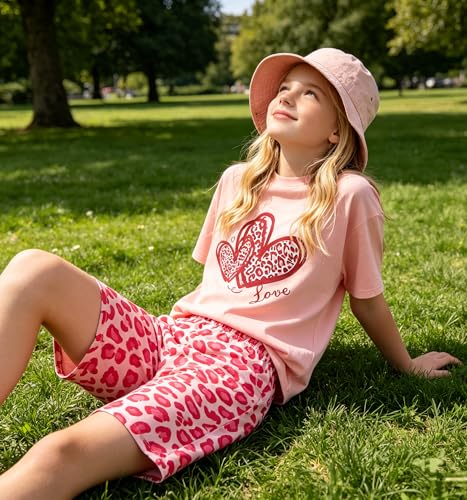 Image of 9-16Y Tween Girl Clothes 2 Piece Short Sleeve Heart Print Top and Shorts Teen Girl Summer Outfits Short Set