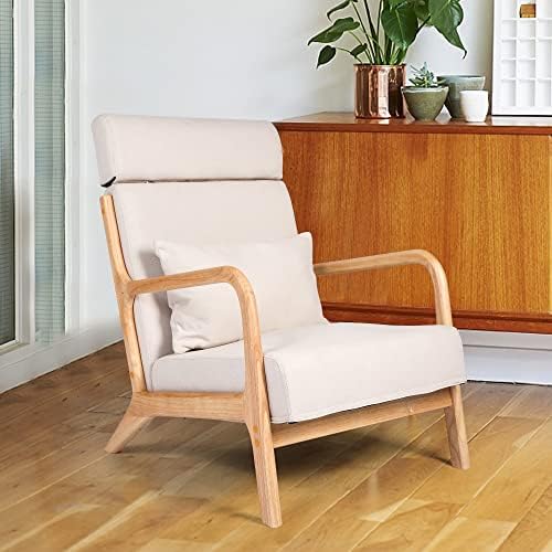 LUCKYERMORE Mid Century Modern Accent Chair Living Room Chair Adjustable Headrest High Back Reading Armchair Upholstered Linen Lounge Chairs Single Sofa Chair with Lumbar Pillow for Bedroom, Beige