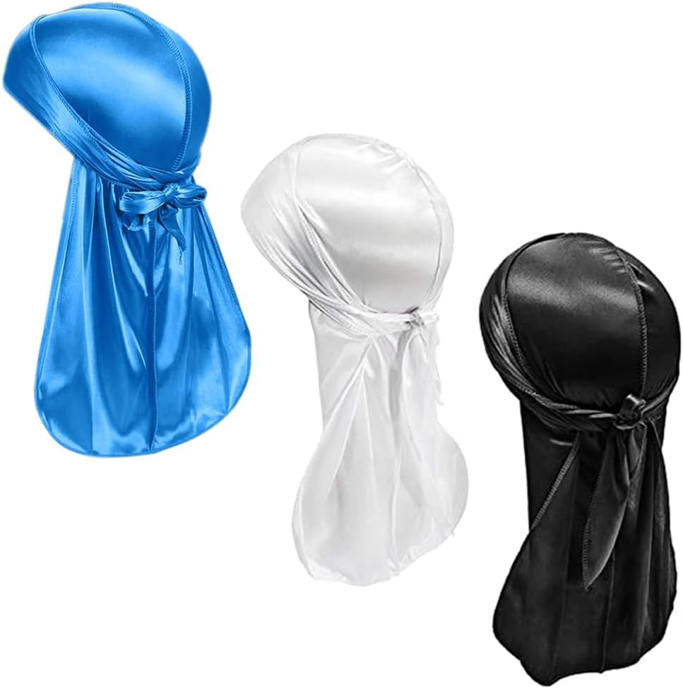 Silky Durags Set, Silk Durag for Men Women, Durags Pack with Long Tail and Wide Straps for 360 Waves