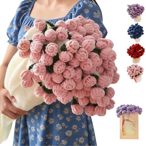 Flower Bouquet Blanket,Finished Rose Bouquet Crochet Blanket,Handmade Flowers Blankets,Crochet Roses Bouquet Blankets,Romantic Gift for Mother's Day Birthday Valentine's Day (Pink, 80c)