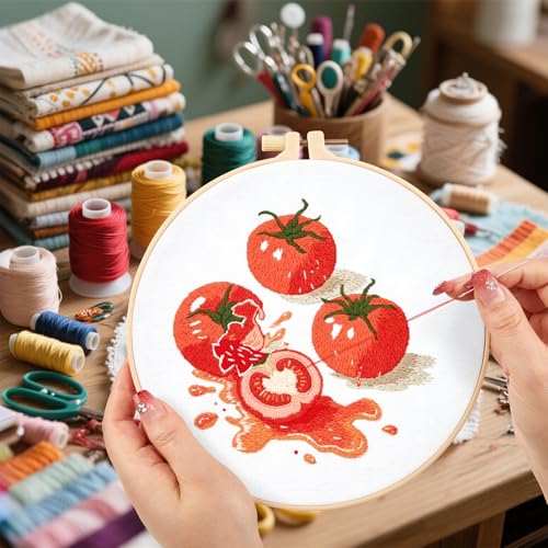 Image of Tomato Embroidery Kits for Beginners Adults, Hand Embroidery Starter Kit, Cross Stitch Kits for Beginners DIY Craft Kits for Adults Women, Entire Set of Embroidery Supplies【Full-length Video Tutorial】