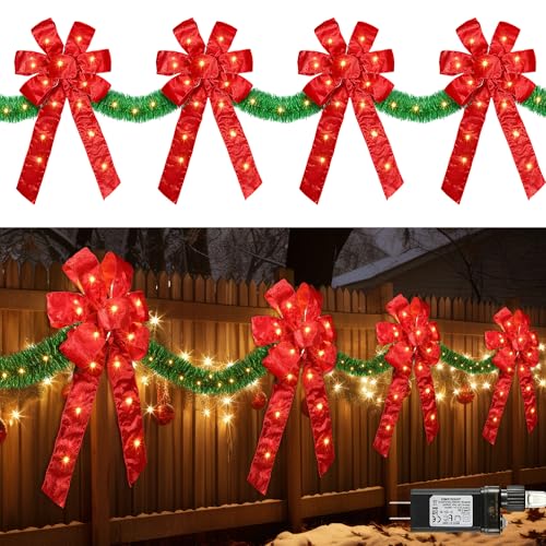 13 FT Christmas Bows Fence Decoration, 140LED Lighted Large Christmas