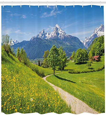 ABAKUHAUS Landscape Shower Curtain, Wildflowers in the Alps and Snow-capped Mountains National Park Bavaria Germany - Image 2