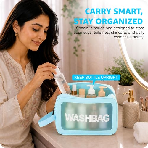 Image of FLYNGO Pvc Clear Makeup Pouch Set, Cosmetic Organizer Bag for Women and Girls Travel Waterproof Toiletry Storage Kit (Set of 3 Light Blue)