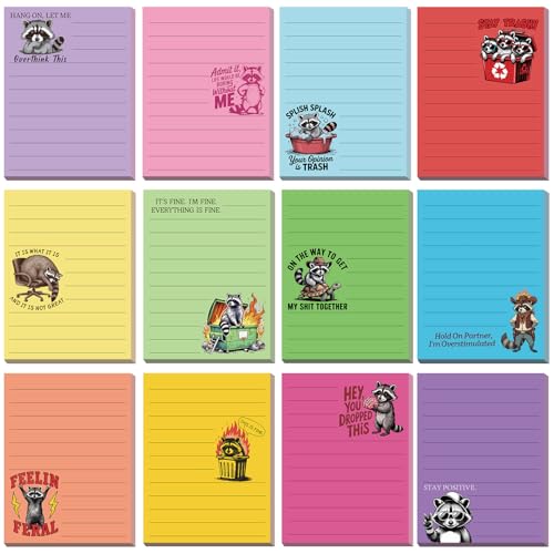 Saypacck 12 Pcs Funny Sticky Notes for Work 4x3 Inches Sarcastic Self Adhesive Notepads Novelty Memo Pads for Office Coworker Gifts Employee Appreciation Supplies(Raccoon-Lines,Multi Color)