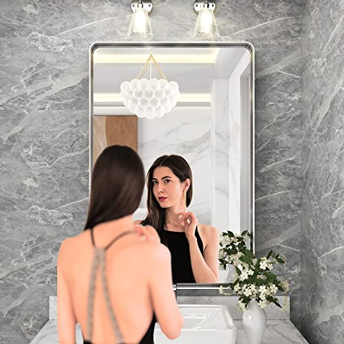 Loaao 24X36 Inch Silver Bathroom Mirror, Rounded Rectangle Silver Metal Frame Mirror, Brushed Nickel, Anti-Rust, Hangs Horizontally Or Vertically #TOP2