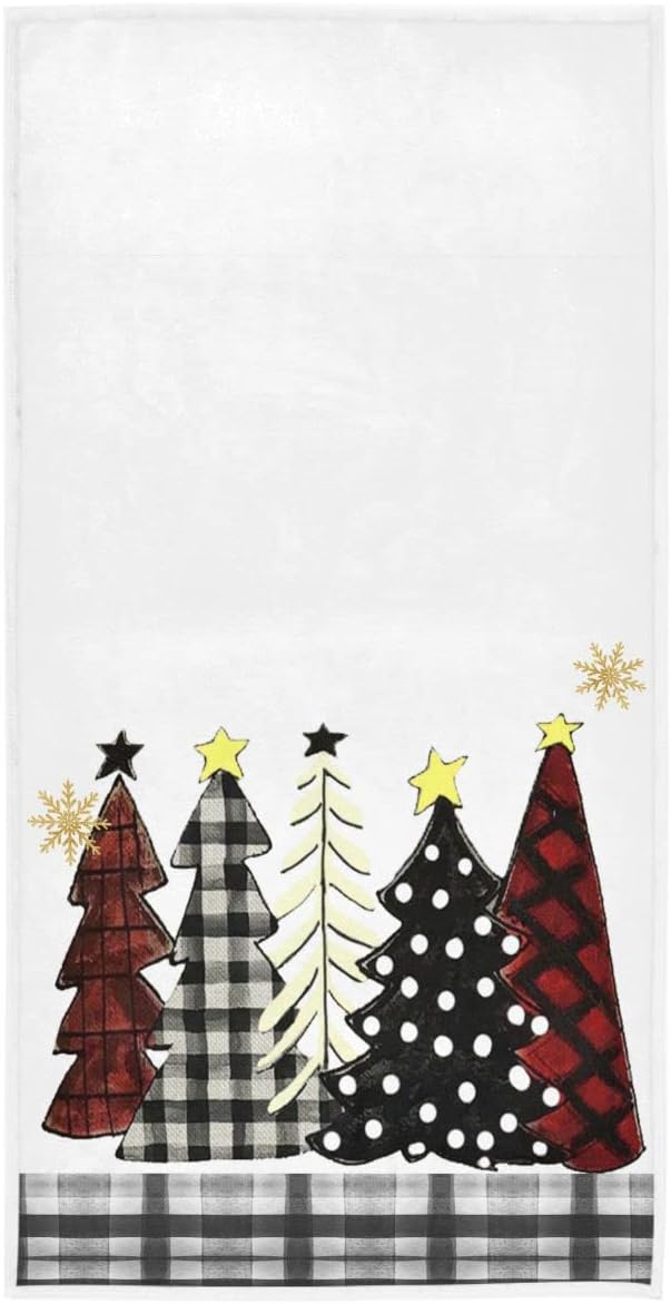 Wamika Winter Christmas Tree Hand Bath Towel Xmas Black White Buffalo Plaid Kitchen Bathroom Faucet Towel Snowman Snowflake Fingertip Towel Set Highly Absorbent SPA Gym Guest Shower Towels 16x30 Inch