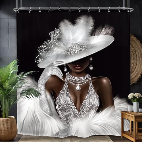 Yookeb African American Bathroom Shower Curtain 60W by 71H Inch Black Girl Woman Sexy Luxury Polyester Fabric 12 Plastic Hooks Waterproof Decor