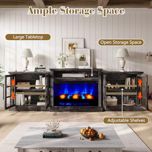 LUXOAK 97\" Farmhouse TV Stand with 33\" Fireplace for TVs up to 100\", Media Entertainment Center with Large Storage Cabinet and Adjustable Shelves for Living Room, Rustic Black
