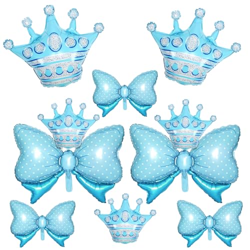 Image of 10pcs Blue Crown Balloons And Blue Bow Balloon, Light Bows Balloons, Large Crown Foil Balloon With Two Sizes For Birthday Baby Shower Theme Party Wedding Bridal Shower Anniversary Decor
