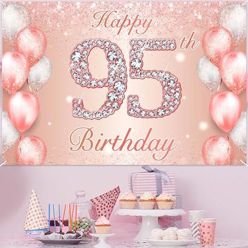 Image of Happy 95th Birthday Rose Gold Banner Cheers to 95 Years Old Backdrop Confetti Balloons Theme Decor for Women 95 Years Old Pink Birthday Party Decorations Bday Supplies Background Favors Gift Glitter