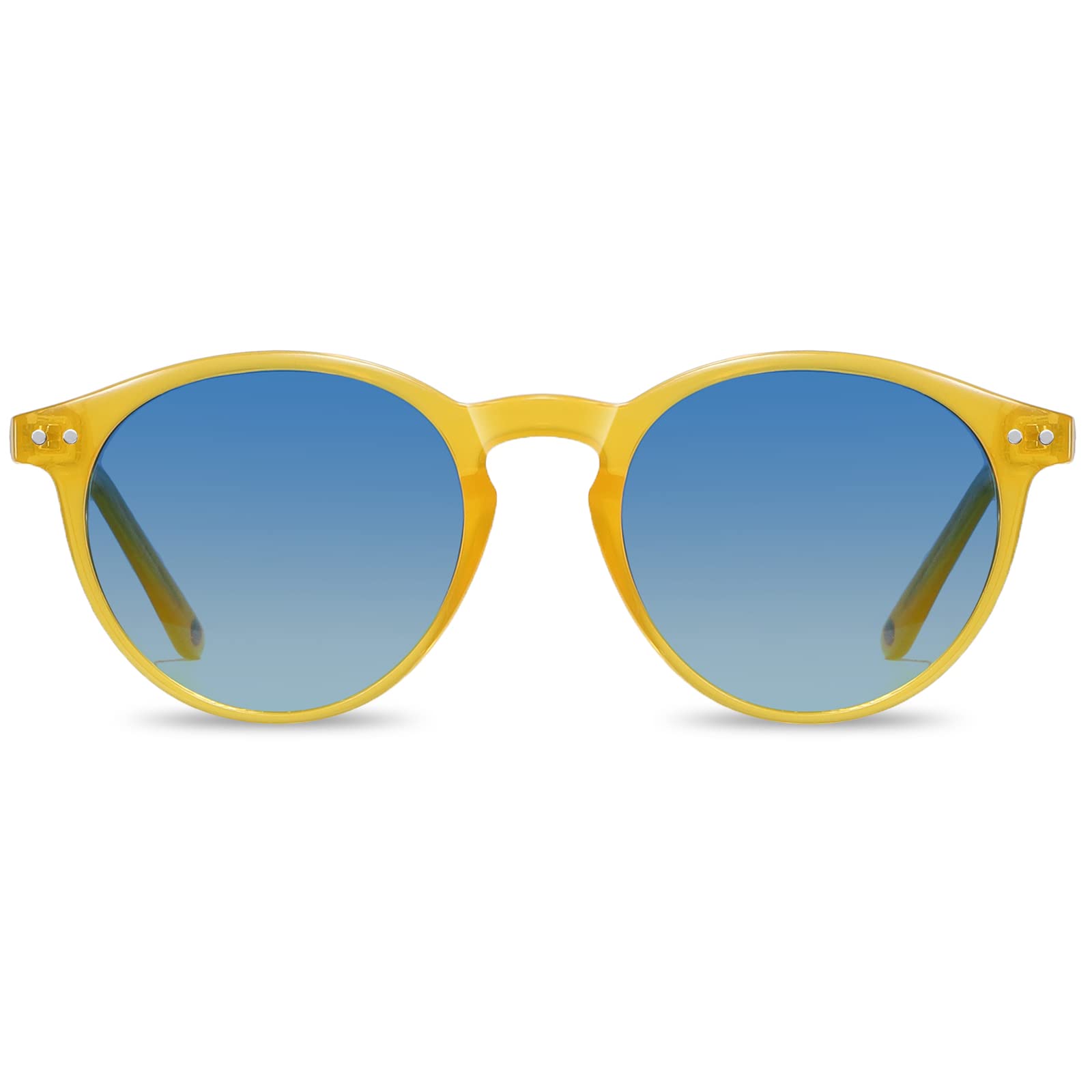 H HELMUT JUST Gafas de Sol Hombre Mujer Redondas Polarizadas Vintage Amarillo Lente Azul TR90 y Acetato