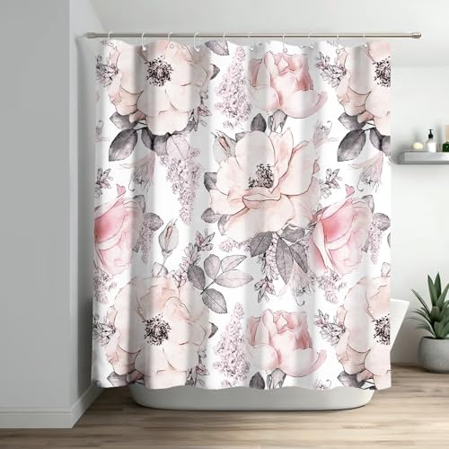 BALMYPAUS Watercolor Pink Grey Flower Shower Curtains for Bathroom,Polyester Fabric Vintage Blossom Gray Rose Floral Leaves Shower Curtain with 12 Hooks,Bath Curtain for Bathroom Decor 72W x 72H by BALMYPAUS - Image 2