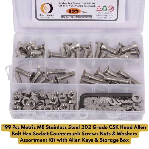 Image of Metric M8 Stainless Steel 202 Grade CSK Head Allen Bolt Hex Socket Countersunk Screws Nuts & Washers Assortment Kit with Allen Keys & Storage Box - 199 Pieces