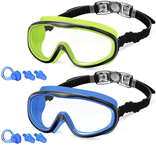KNGUVTH Kids Swim Goggles, Pack of 2 No Leaking Swimming Goggles Anti-Fog UV Protection Crystal Clear Wide Vision Swim Glasses with Nose Clips + Ear Plugs for Children Early Teens