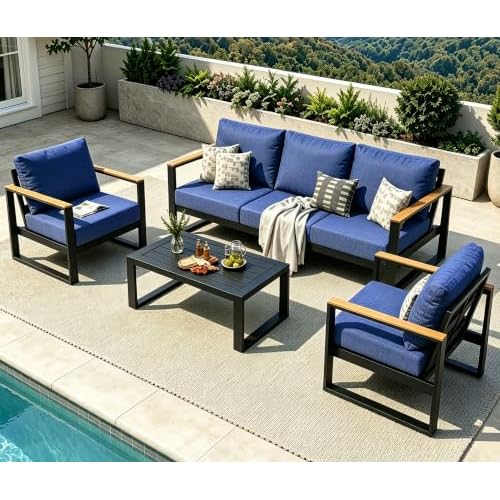 Garvee 5 Seats Outdoor Aluminum Patio Furniture Set with Coffee Table Blue 4 Pcs w/ 3-seat sofa
