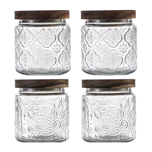 4 Pack Vintage Glass Storage Jars, 16.9 FL OZ Begonia & Sunflower Canisters
