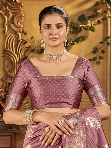 Image of Mehrang Women's Banarasi Silk Kanjivaram Saree For Wedding With Pure Zari Work, Woven Design, With Unstitched Blouse Piece