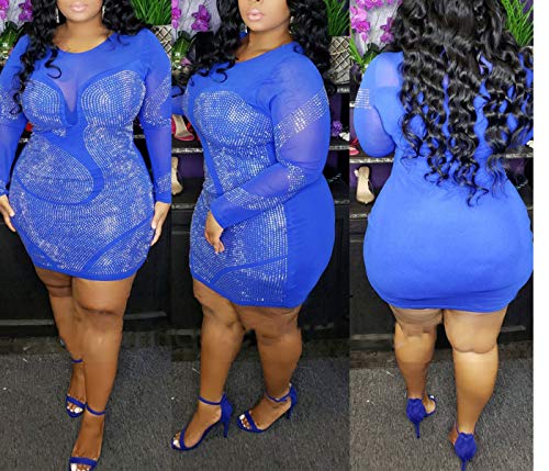 Image of IyMoo Womens Sexy Plus Size Long Sleeve Rhinestone Mesh See Through Bodycon Party Club Mini Dress Clubwear
