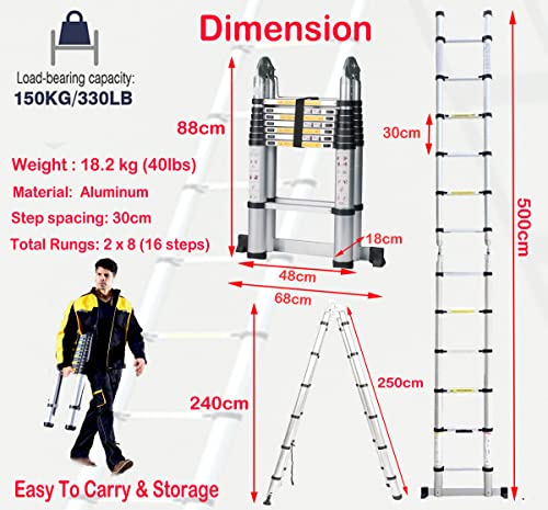 Autofu LADDERS EXTENDABLE TELESCOPIC 5M 16.4 Feet Telescoping Ladder A-Type Extension Multi Purpose Step Ladders,Max Capacity Loading 150Kg/330Lb thumb #1