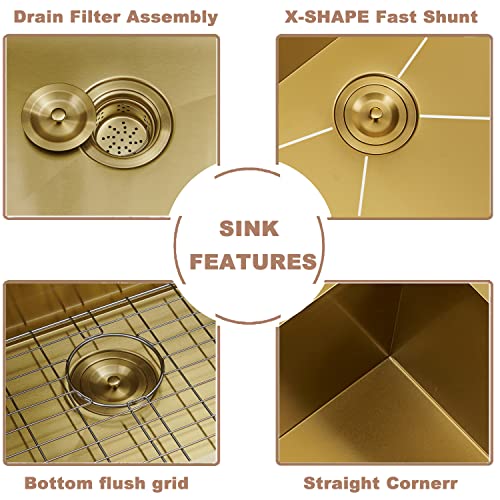 Hotis Gold Farmhouse Sink, 30 Inch Gold Kitchen Sink, Flat Apron-Front Undermount Drop In Farm Sink, Stainless Steel Single Bowl Handmade Farmhouse Kitchen Sink, Workstation Sink With Accessories #TOP4