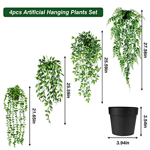 Jpsor 4Pcs Artificial Hanging Plants, Fake Hanging Plants Potted Greenery Faux Persian Fern Fake Plants In Pot For Wall Room Patio Office Table Shelf Decor #TOP1