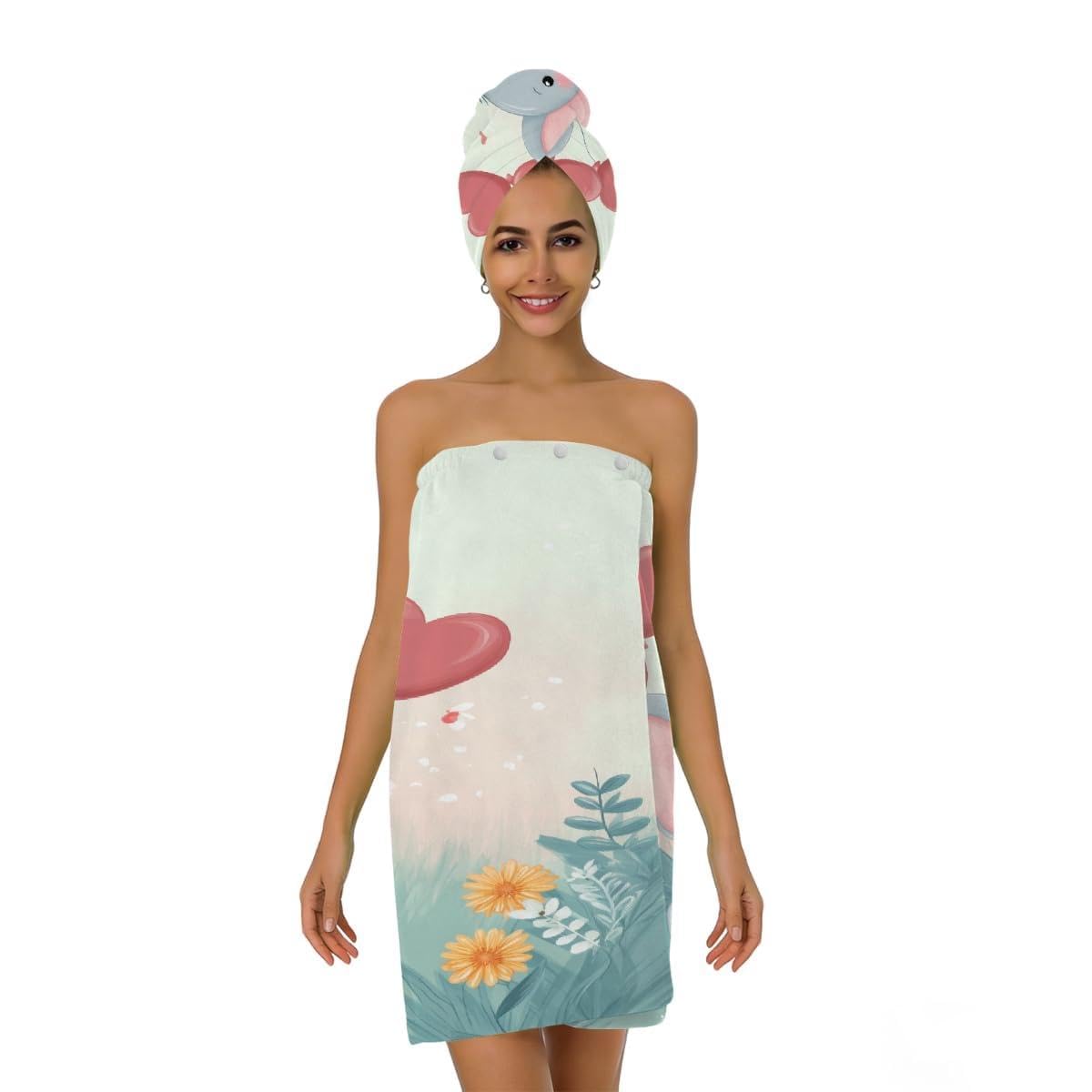 Mikrofaser-Duschtuch für Damen, mit Haarhandtuch, Cartoon-Baby, Elefant, Herz, weiche Körperwickel, Kleid mit Haartrocknungskappe für Strand, Pool, Spa, 2 Sets